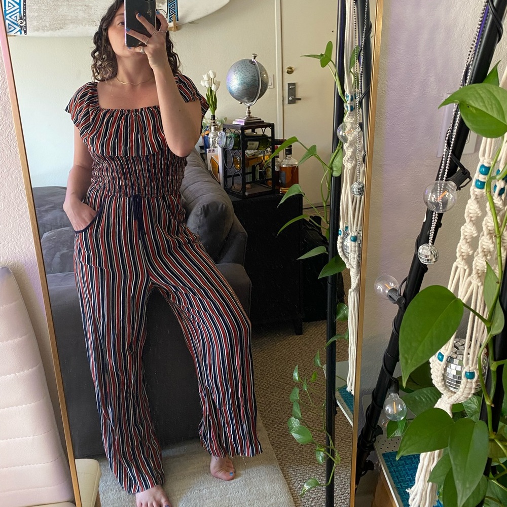 Red blue green white striped jumpsuit